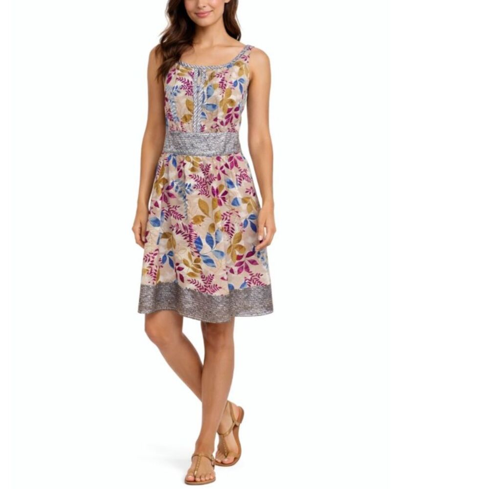 Forever 21 Y2K Tan Leaf Print Cotton Sleeveless Keyhole Neck Short Dress Sz M